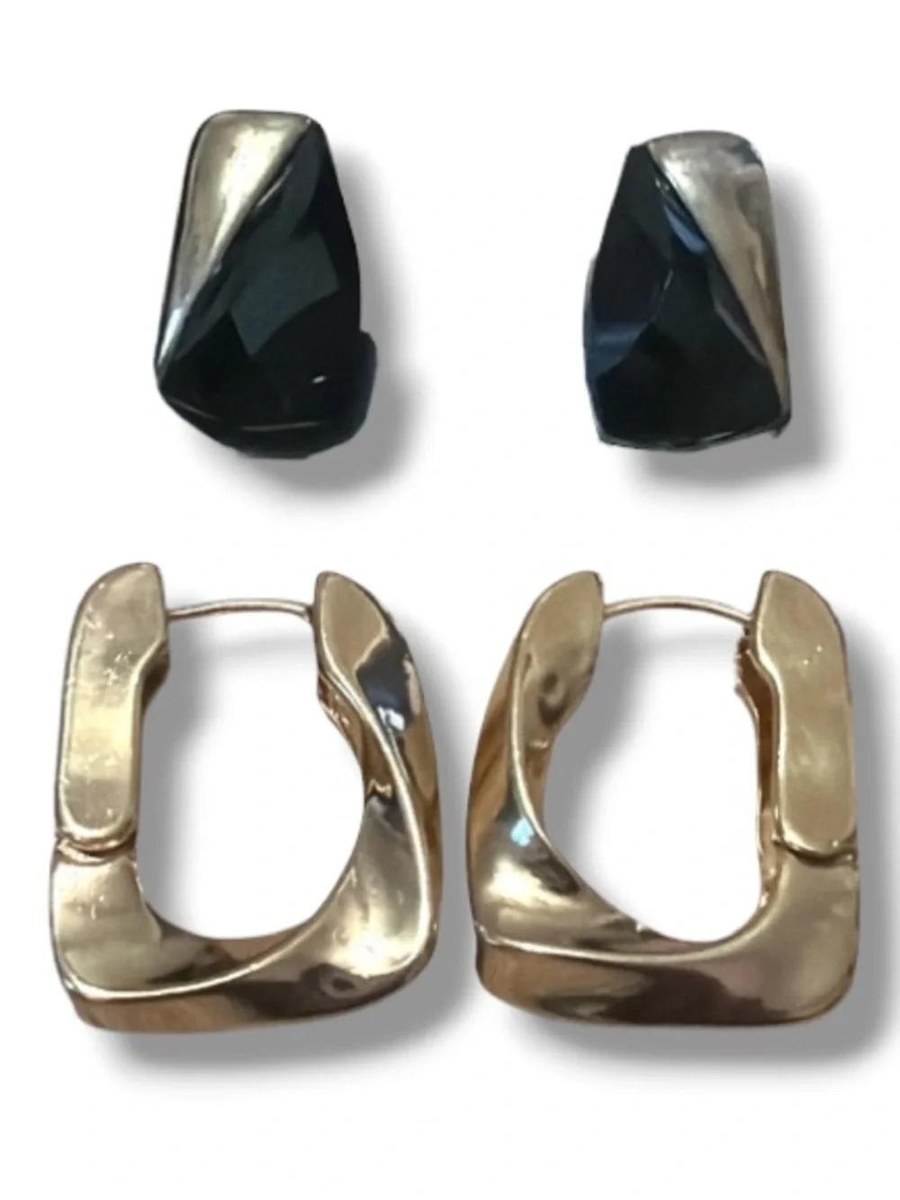 Forever 21 Women’s Bundle of Earrings Set Black & Gold Studs + Gold Hoop Squares